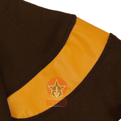 Byron Collar Brown Wool Gold Yellow Leather Stripes Varsity Baseball Jacket