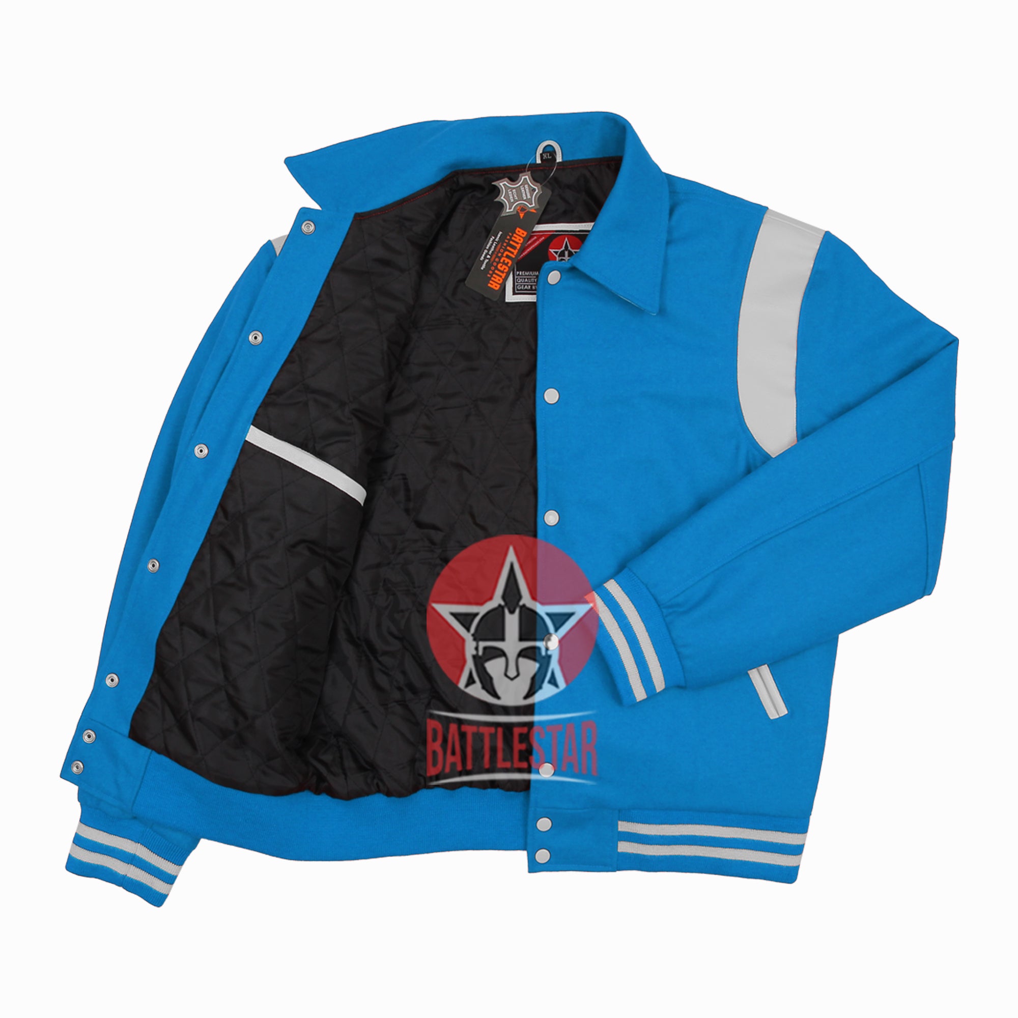 Byron Collar Sky Blue Wool White Leather Stripes Varsity Baseball Jacket