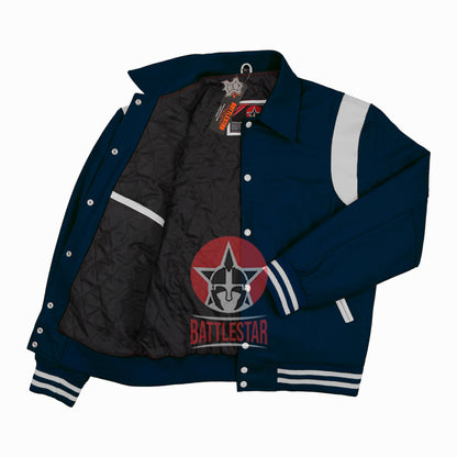 Byron Collar Navy Blue Wool White Leather Stripes Varsity Baseball Jacket