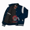 Load image into Gallery viewer, Byron Collar Navy Blue Wool White Leather Stripes Varsity Baseball Jacket