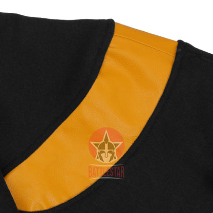 Byron Collar Black Wool Gold Yellow Leather Stripes Varsity Baseball Jacket