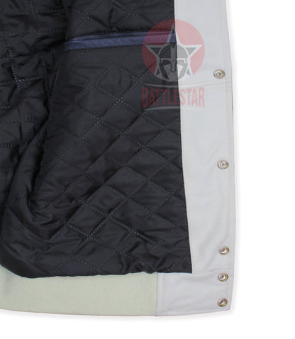 White Wool Varsity Jacket Navy Blue Leather Sleeves
