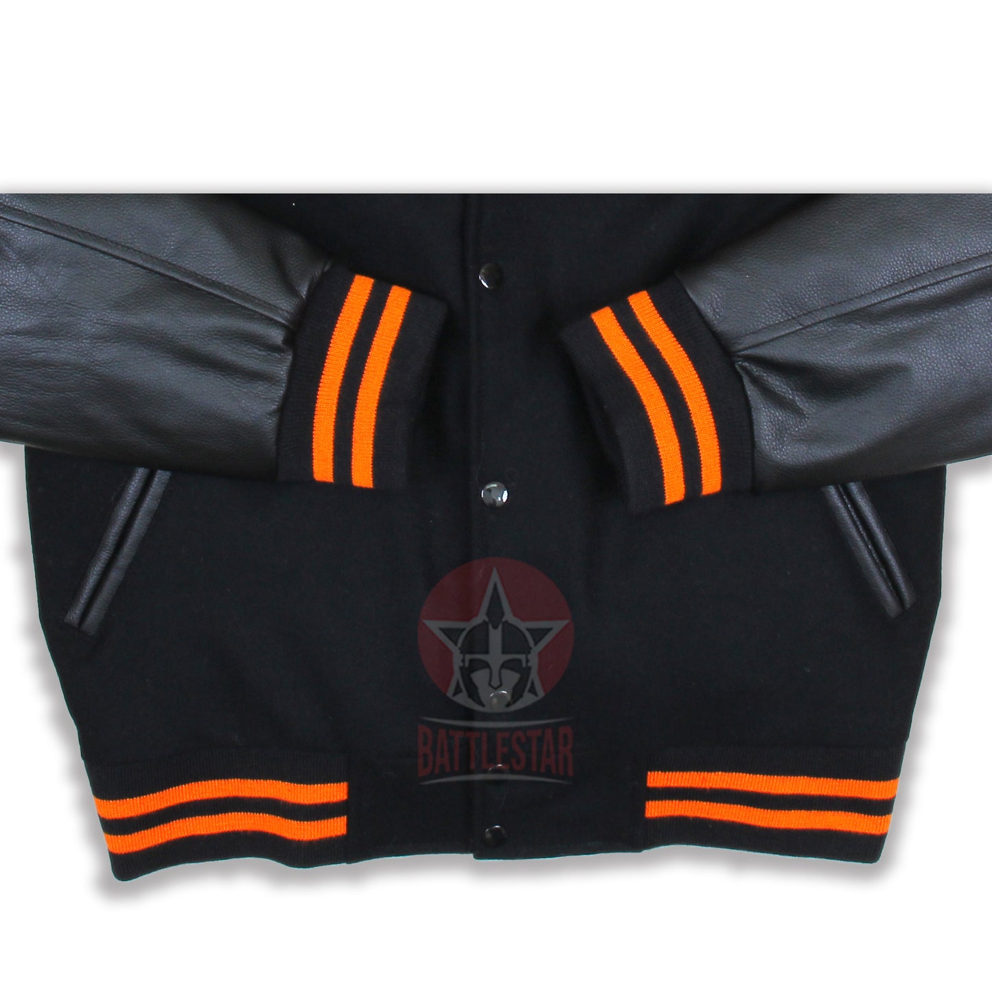 Black Wool Leather Sleeves Orange Rib Varsity Jacket