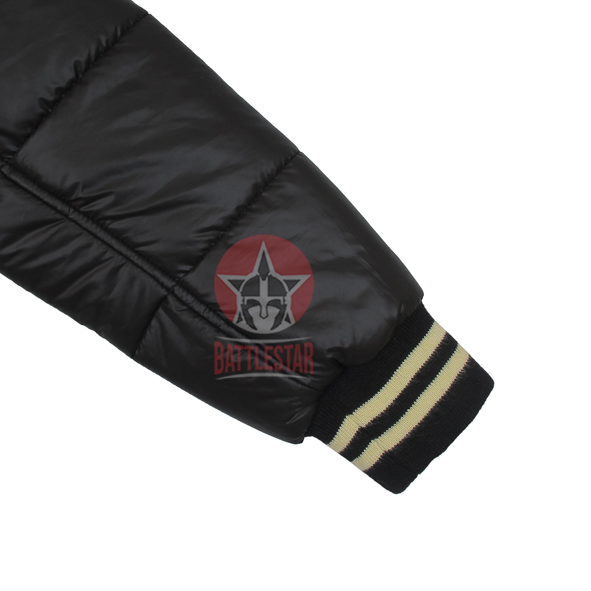 Black Unisex Lightweight Hooded Puffer Varsity Baseball Jacket