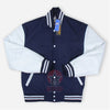 Navy Blue Wool Varsity Jacket With White Leather Sleeves