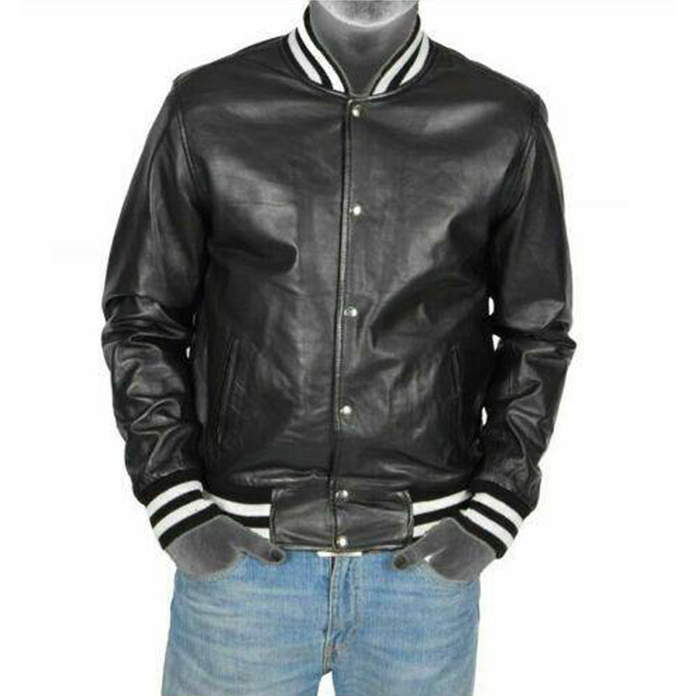 Black Leather Lightweight Bomber Varsity Style Jacket - Battlestar Clothing & Gears Co