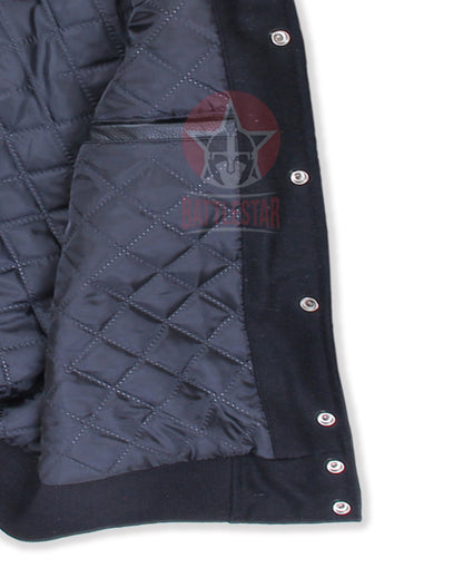 Black Wool Leather Sleeves Orange Rib Varsity Jacket