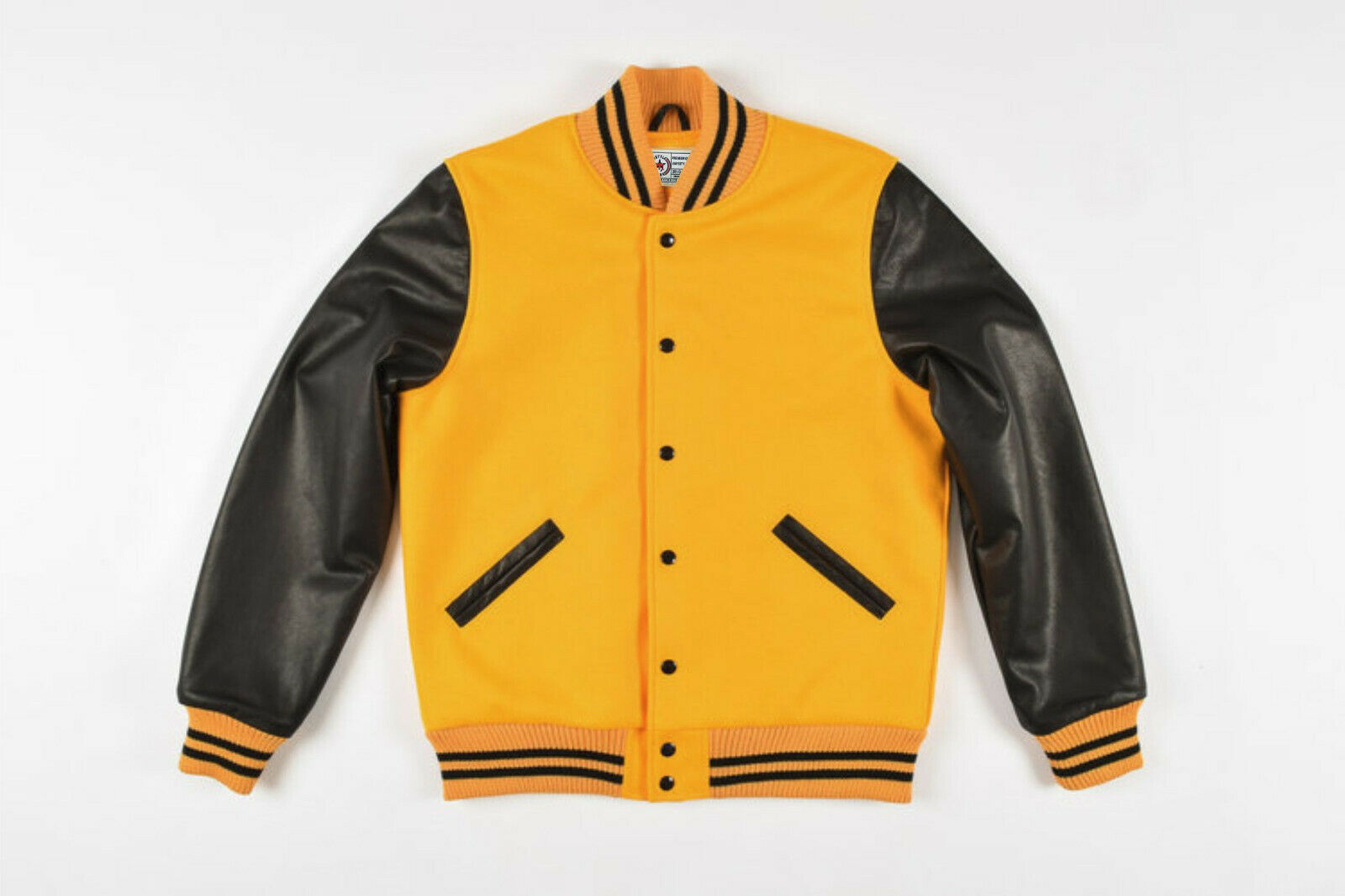 Gold Yellow Wool Black Leather Sleeves Varsity Jacket - Battlestar Clothing & Gears Co
