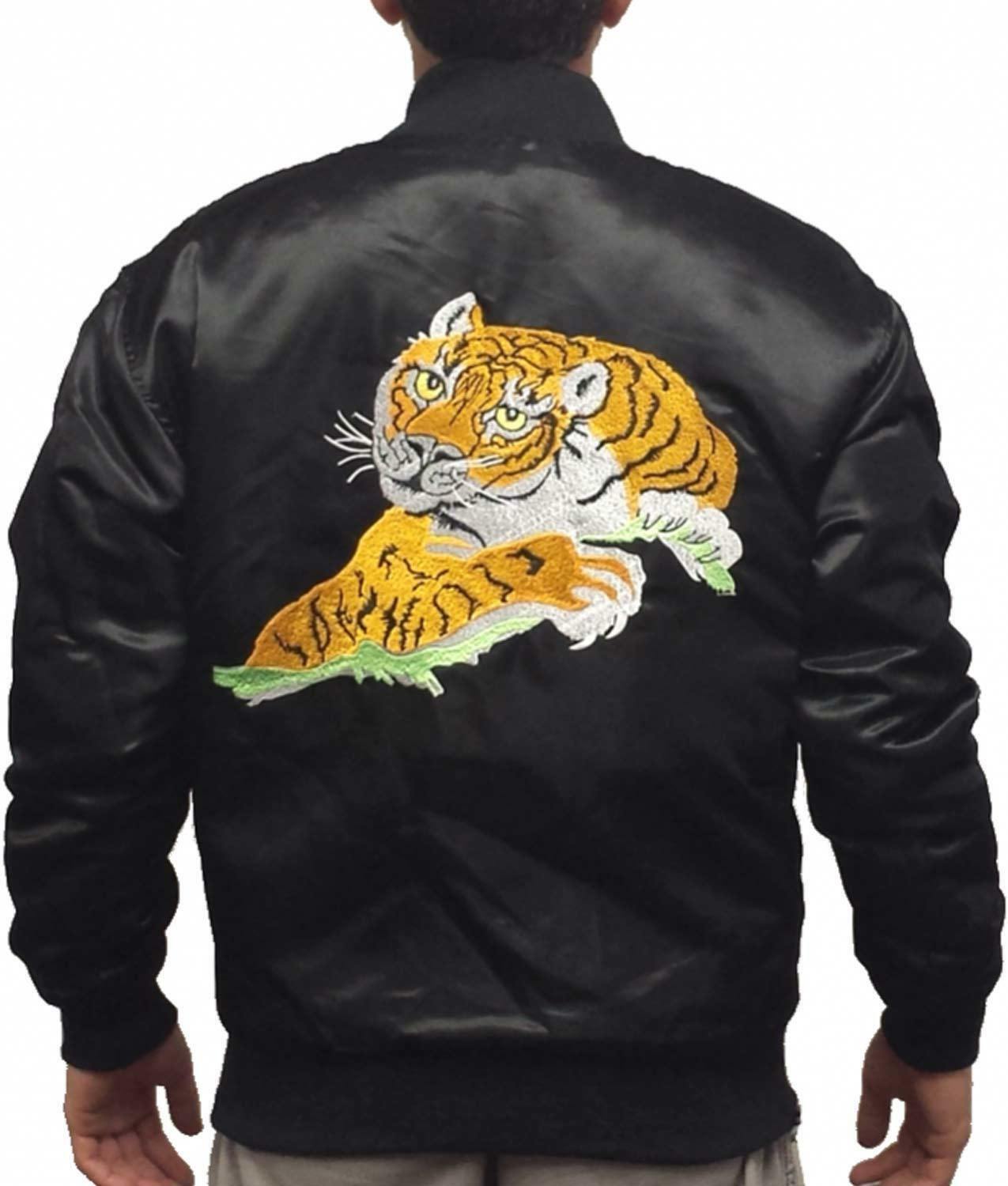 Rocky Tiger Logo Patch Balboa Satin Black Bomber Jacket - Battlestar Clothing & Gears Co