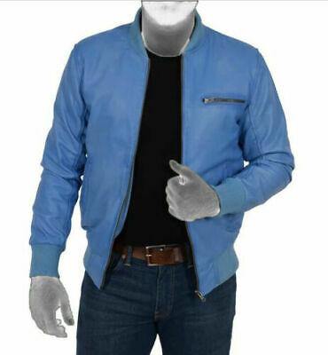 Classic Retro Bomber Varsity Men's Blue Leather Jacket - Battlestar Clothing & Gears Co