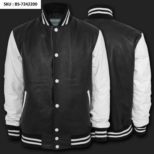 Full Genuine Leather Varsity Letterman Bomber Baseball Jacket Black & White As Discussed